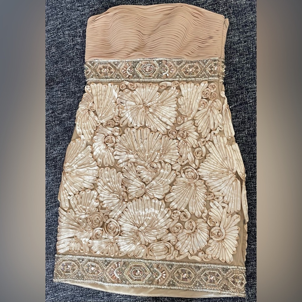 Strapless Gold & Cream Cocktail Dress with Intricate Embellishments by Sue Wong